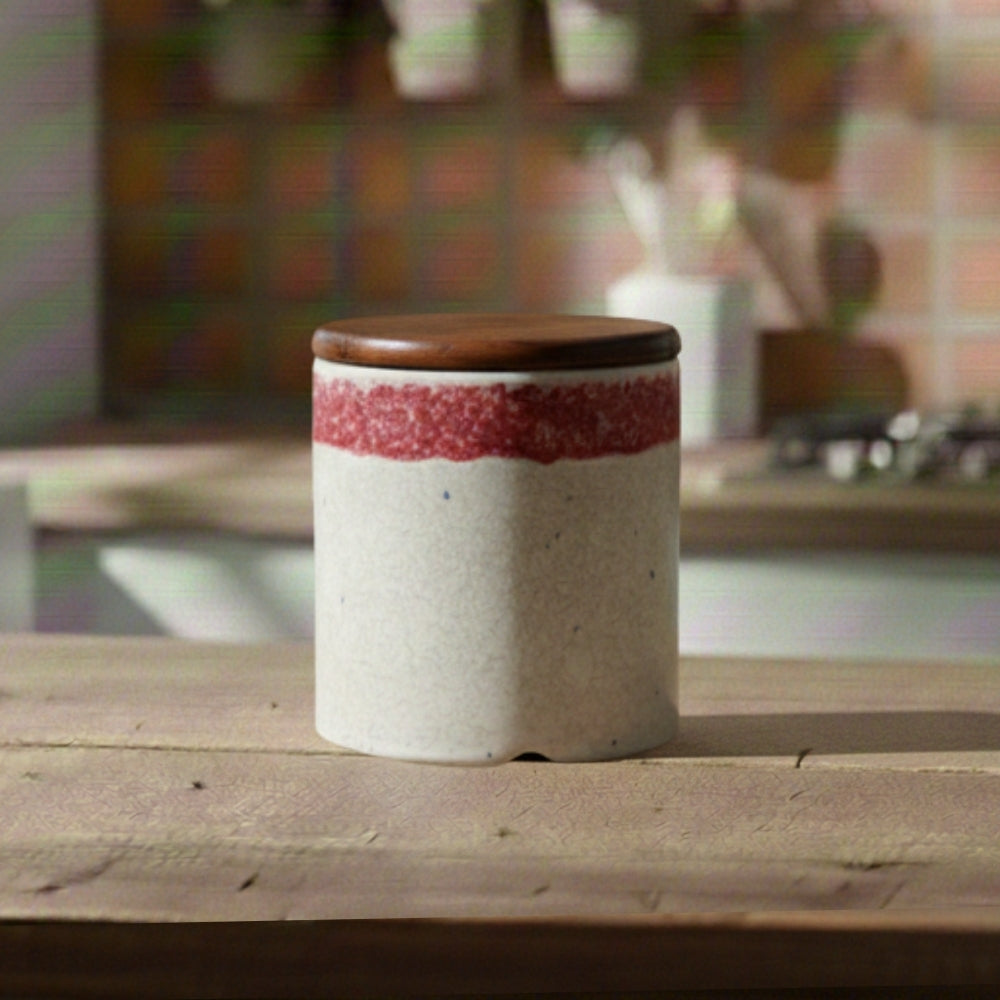 red and white circular ceramic canister set of 2 cylindrical storage jars with wooden lid for kitchen storage